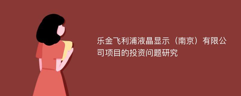 乐金飞利浦液晶显示（南京）有限公司项目的投资问题研究