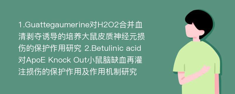 1.Guattegaumerine对H2O2合并血清剥夺诱导的培养大鼠皮质神经元损伤的保护作用研究 2.Betulinic acid对ApoE Knock Out小鼠脑缺血再灌注损伤的保护作用及作用机制研究